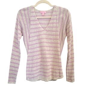 Lilly Pulitzer Lilac Gray Striped V-Neck Pullover Sweater XS Lightweight Knit